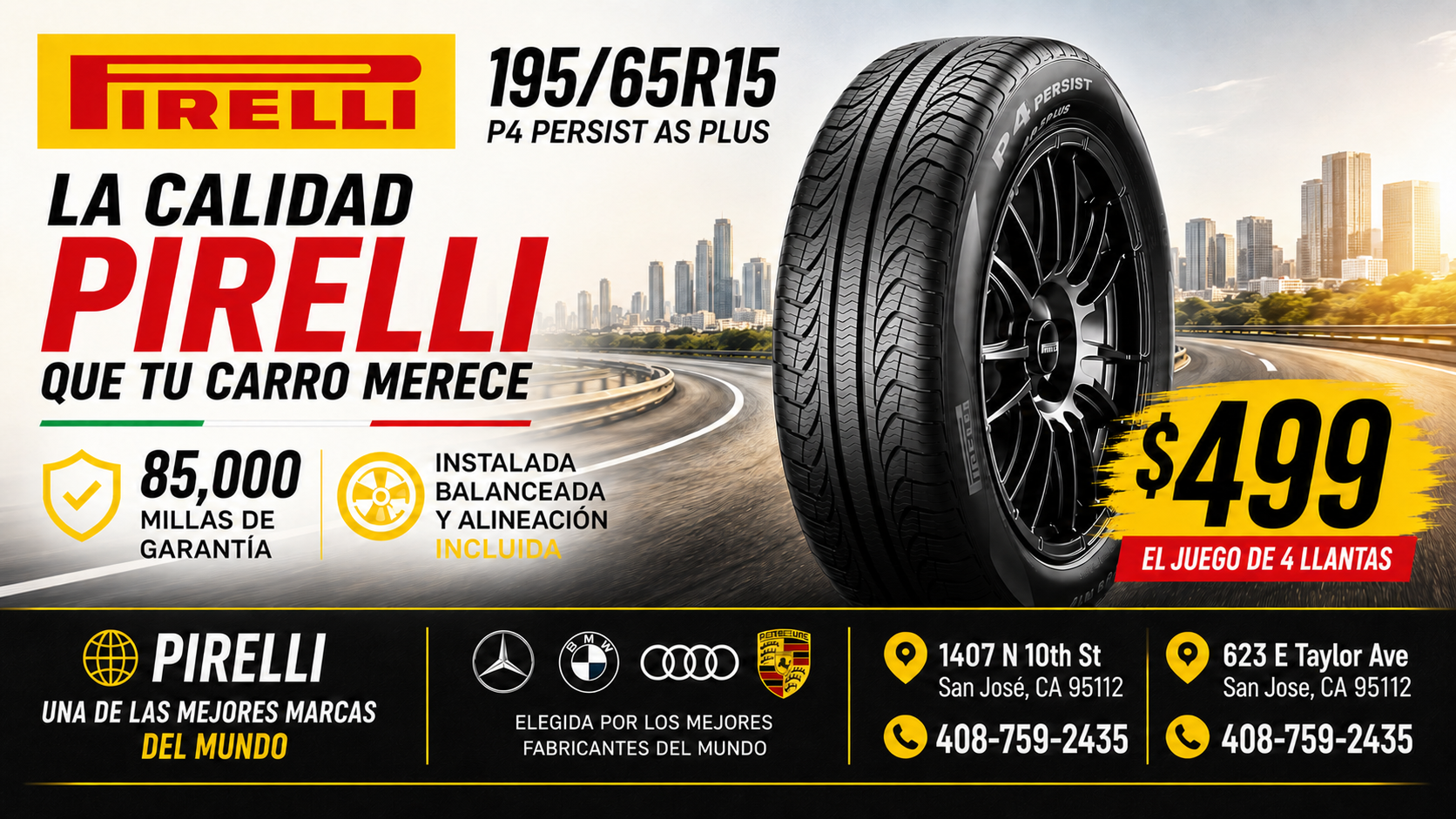Pirelli P4 Persist AS Plus special: four 195/65R15 tires for $499 with installation, balancing, alignment, and 85,000-mile warranty